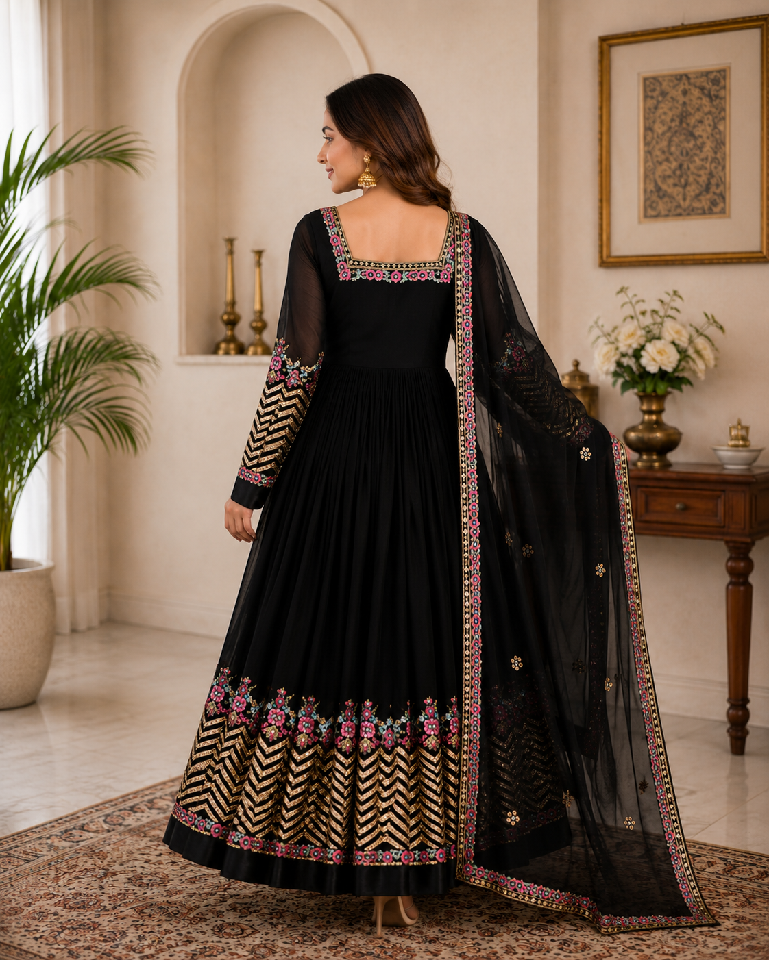 ANVERI Women’s Black, Green, Red, And, Yellow Embroidered Anarkali Kurta Set with Dupatta | Festive Ethnic Wear