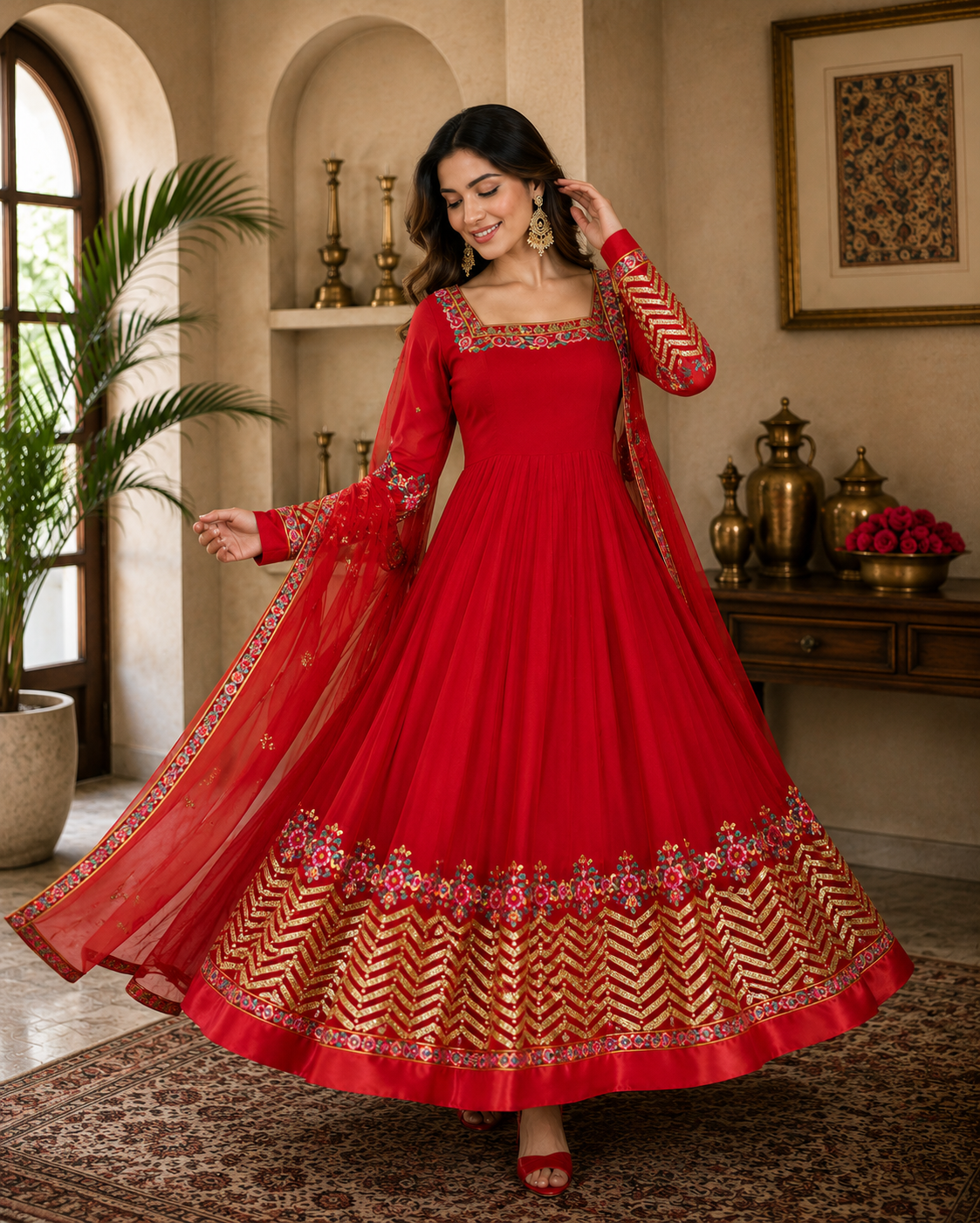 ANVERI Women’s Black, Green, Red, And, Yellow Embroidered Anarkali Kurta Set with Dupatta | Festive Ethnic Wear