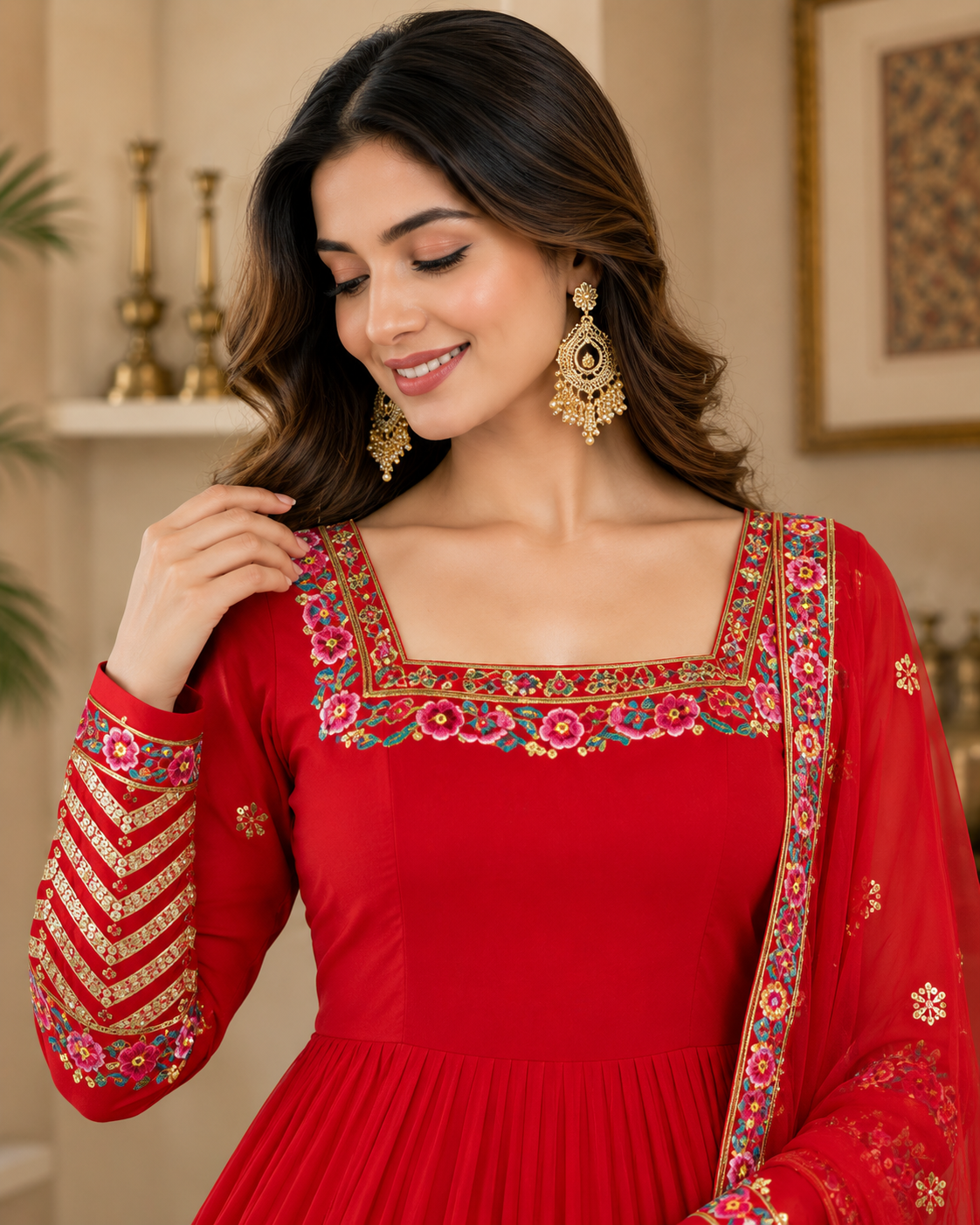ANVERI Women’s Black, Green, Red, And, Yellow Embroidered Anarkali Kurta Set with Dupatta | Festive Ethnic Wear