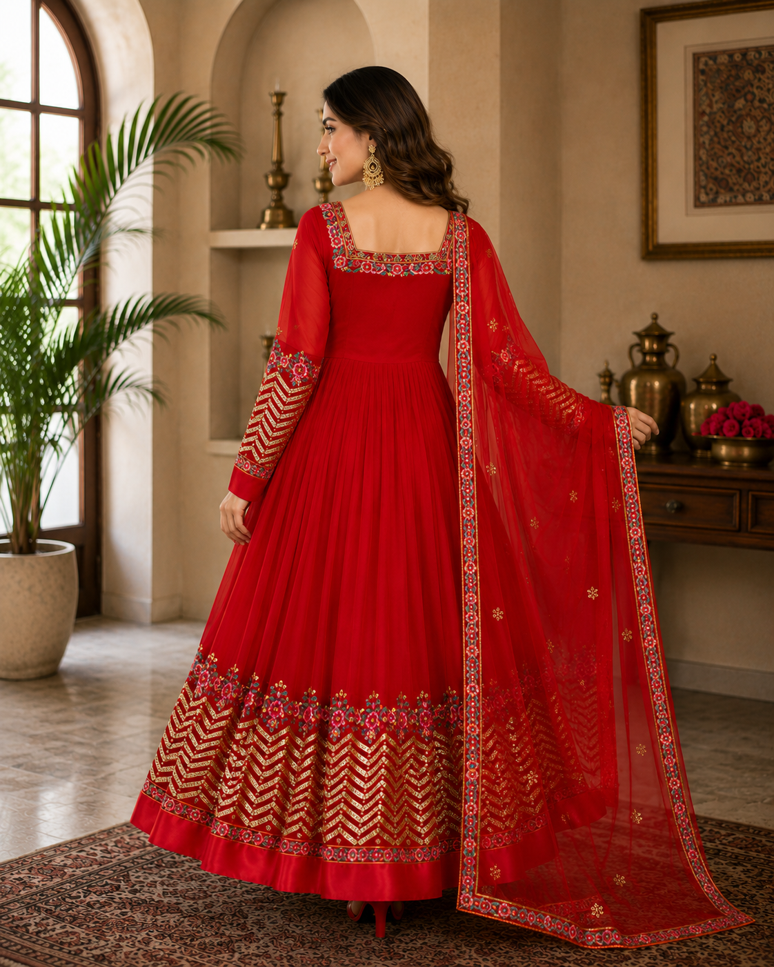 ANVERI Women’s Black, Green, Red, And, Yellow Embroidered Anarkali Kurta Set with Dupatta | Festive Ethnic Wear