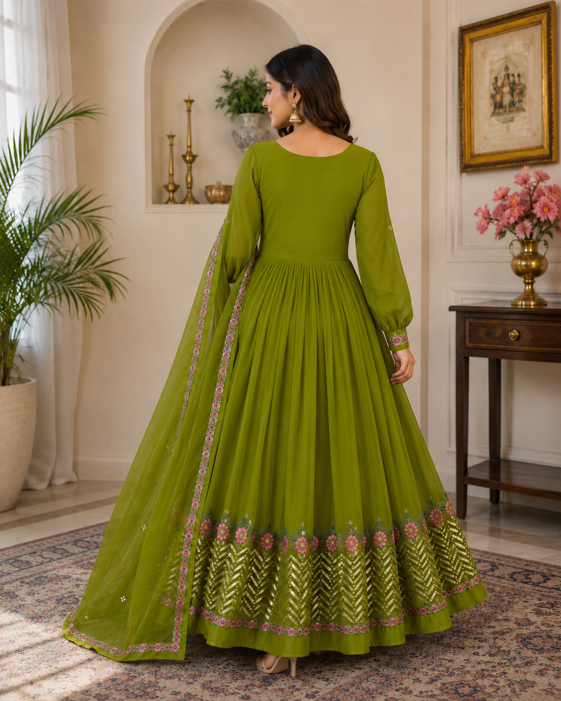 ANVERI Women’s Black, Green, Red, And, Yellow Embroidered Anarkali Kurta Set with Dupatta | Festive Ethnic Wear