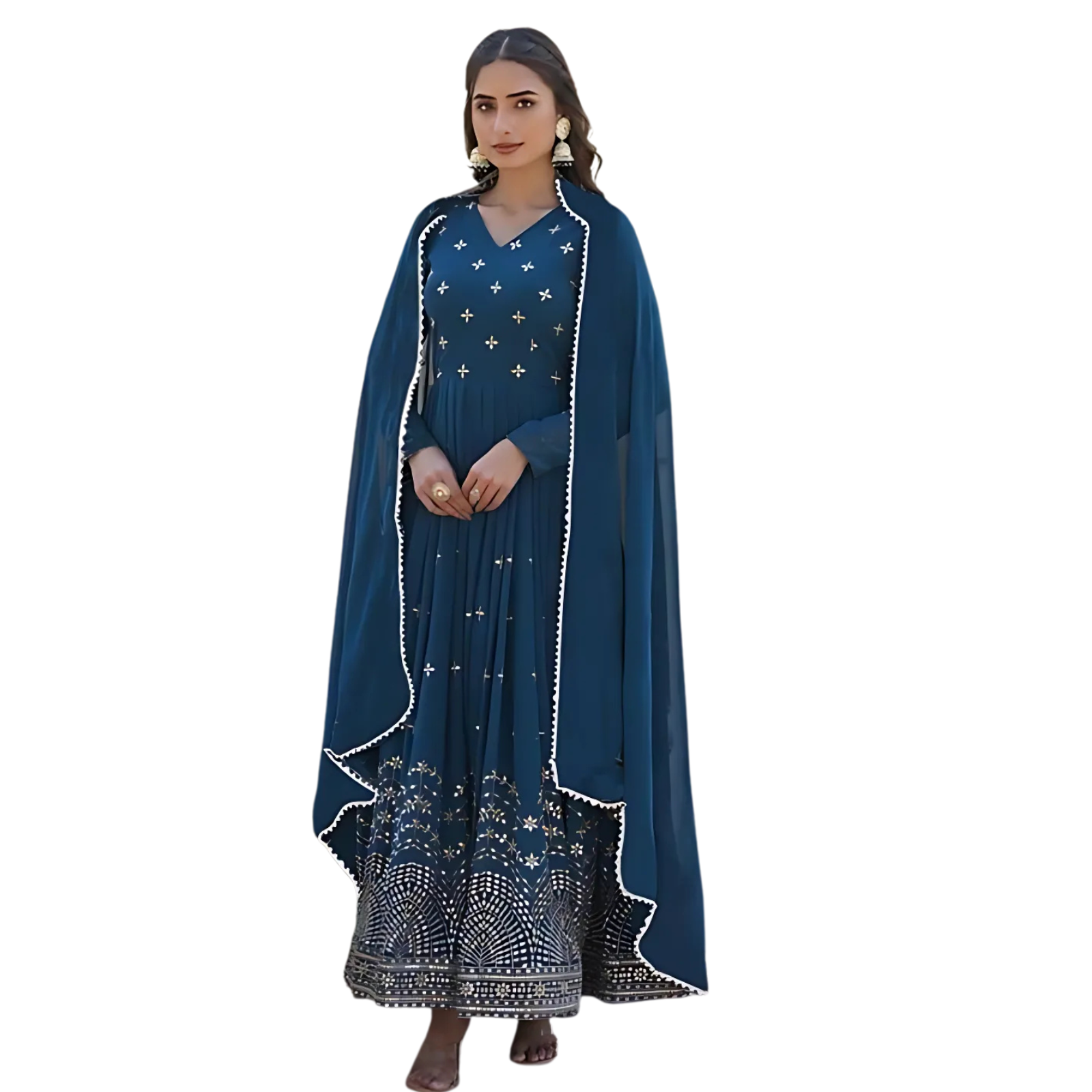Elegant Teal Blue Georgette Anarkali Gown with Heavy Embroidery & Dupatta for Women