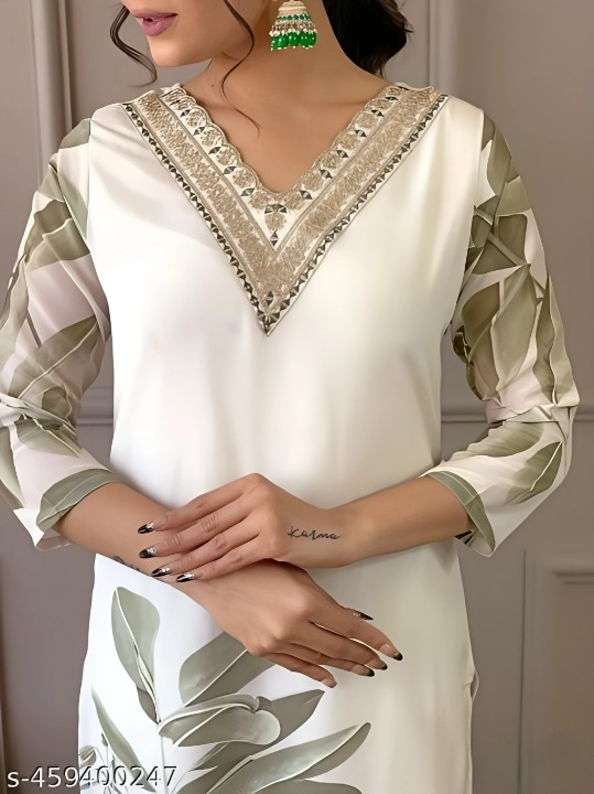 Title: Elegant White & Olive Printed Straight Suit Set