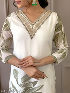 Title: Elegant White & Olive Printed Straight Suit Set