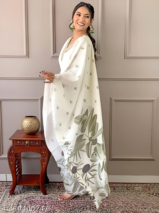 Title: Elegant White & Olive Printed Straight Suit Set