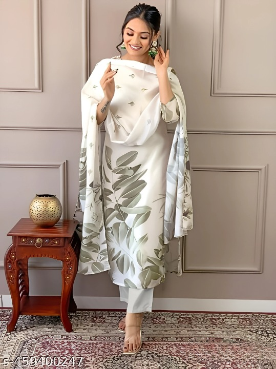 Title: Elegant White & Olive Printed Straight Suit Set