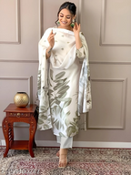 Title: Elegant White & Olive Printed Straight Suit Set
