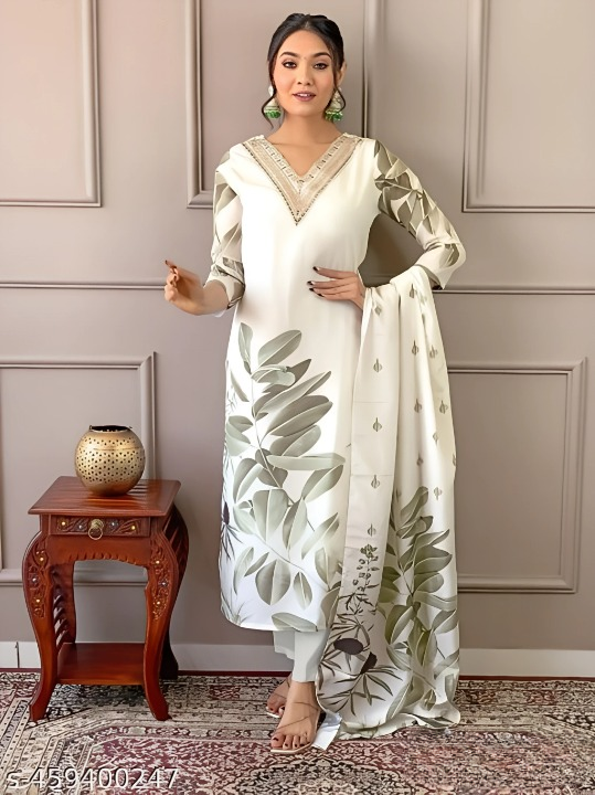Title: Elegant White & Olive Printed Straight Suit Set