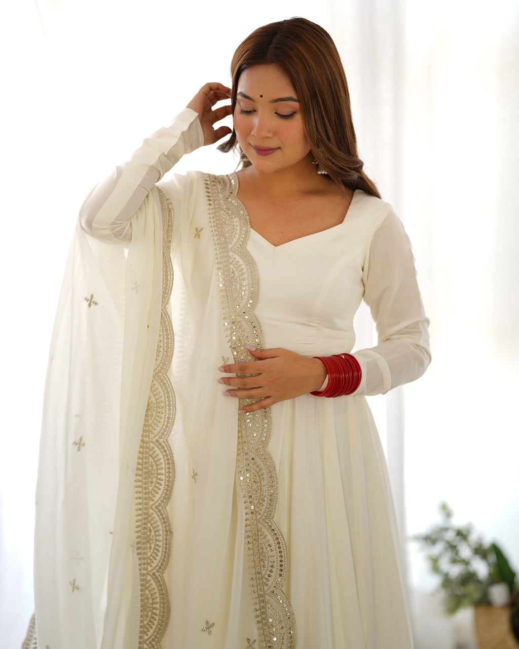 Women’s Off White Anarkali Kurta Set with Embroidery Work & Matching Dupatta | Elegant Ethnic Wear for Festive & Wedding Occasions