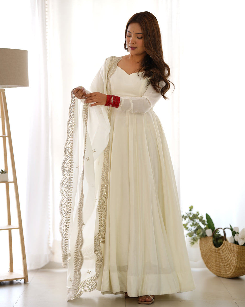 Women’s Off White Anarkali Kurta Set with Embroidery Work & Matching Dupatta | Elegant Ethnic Wear for Festive & Wedding Occasions