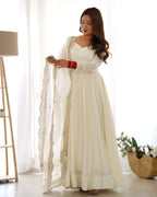 Women’s Off White Anarkali Kurta Set with Embroidery Work & Matching Dupatta | Elegant Ethnic Wear for Festive & Wedding Occasions