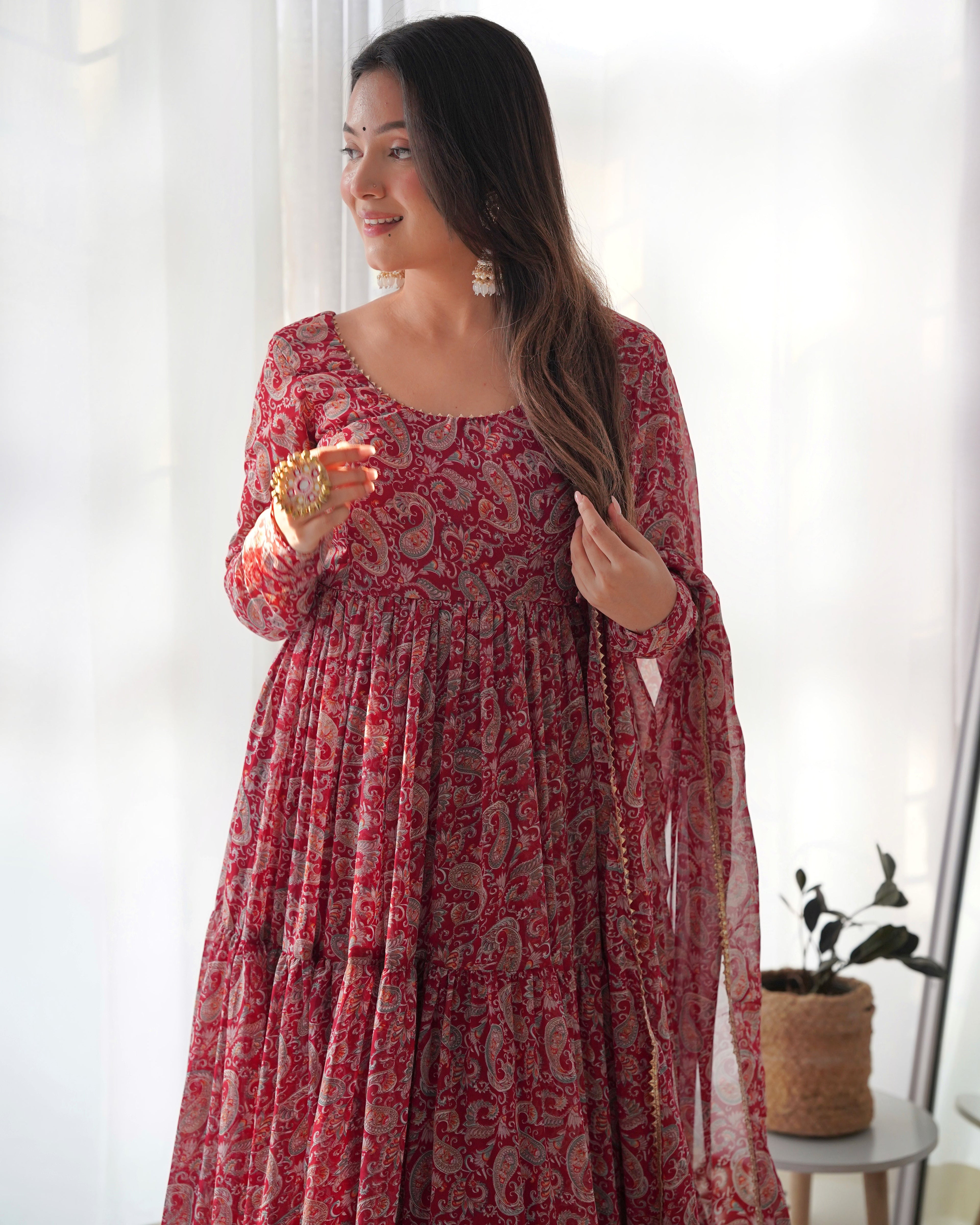 Pure Soft Fox Georgette Anarkali Suit Set With Huge Flair, Dupatta & Pant
