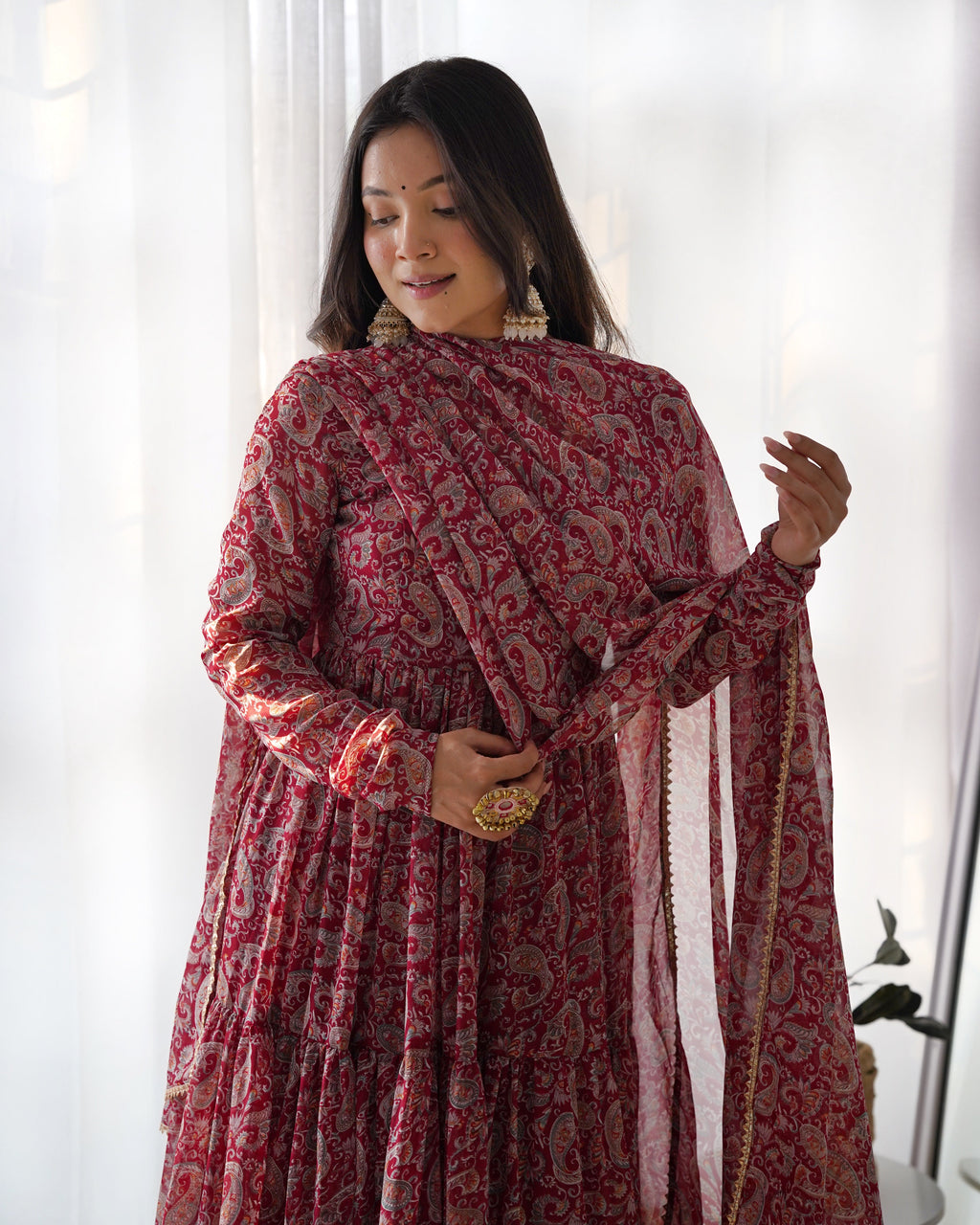 Pure Soft Fox Georgette Anarkali Suit Set With Huge Flair, Dupatta & Pant