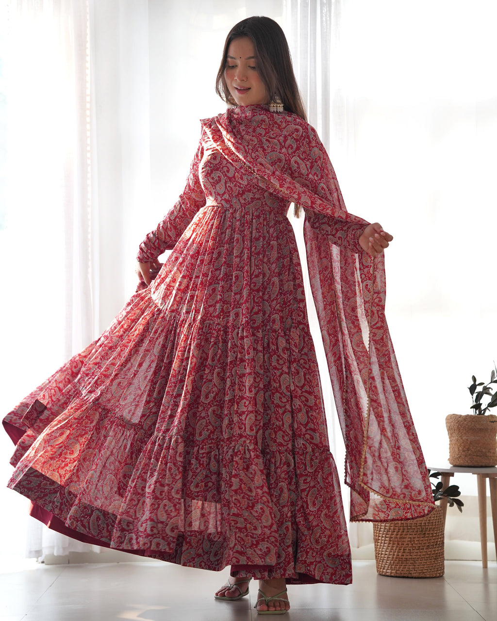 Pure Soft Fox Georgette Anarkali Suit Set With Huge Flair, Dupatta & Pant