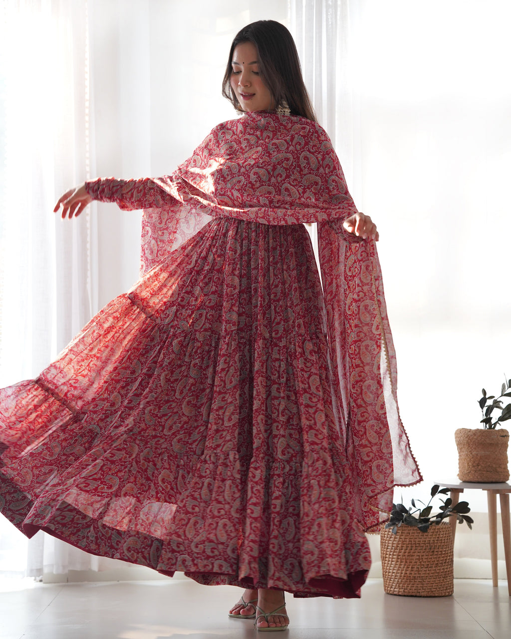 Pure Soft Fox Georgette Anarkali Suit Set With Huge Flair, Dupatta & Pant