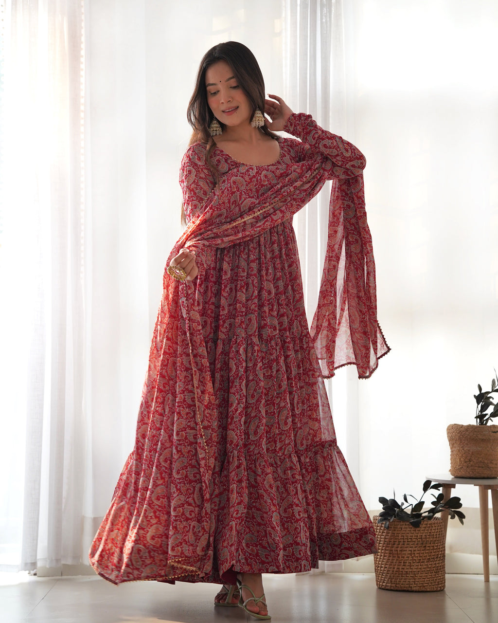Pure Soft Fox Georgette Anarkali Suit Set With Huge Flair, Dupatta & Pant
