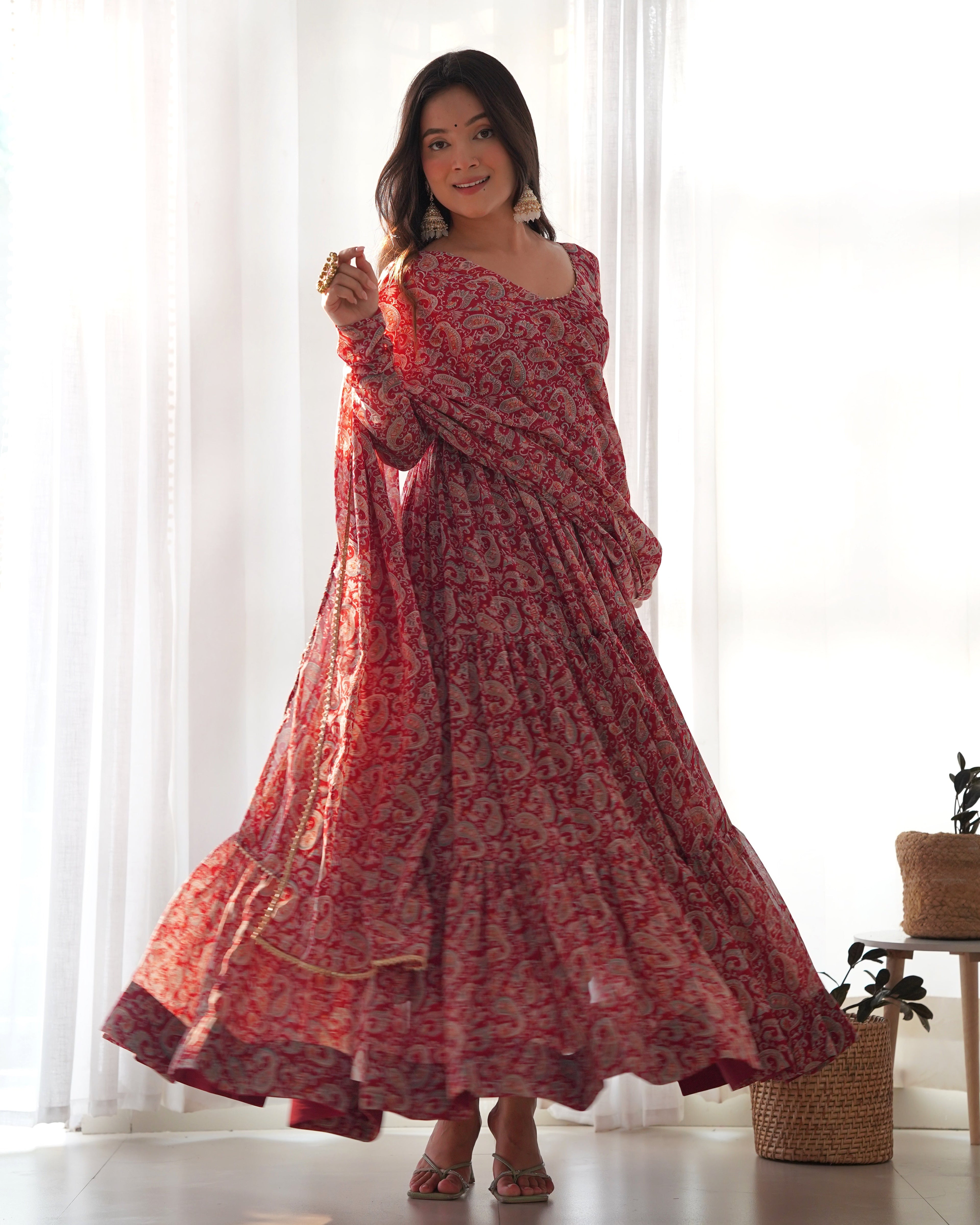 Pure Soft Fox Georgette Anarkali Suit Set With Huge Flair, Dupatta & Pant