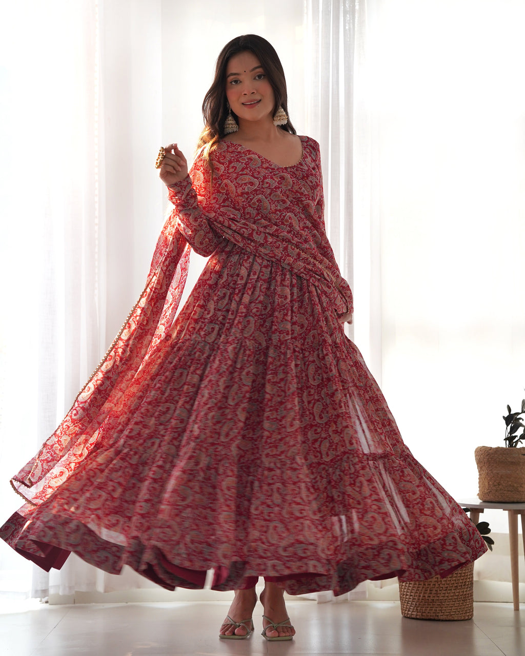 Pure Soft Fox Georgette Anarkali Suit Set With Huge Flair, Dupatta & Pant
