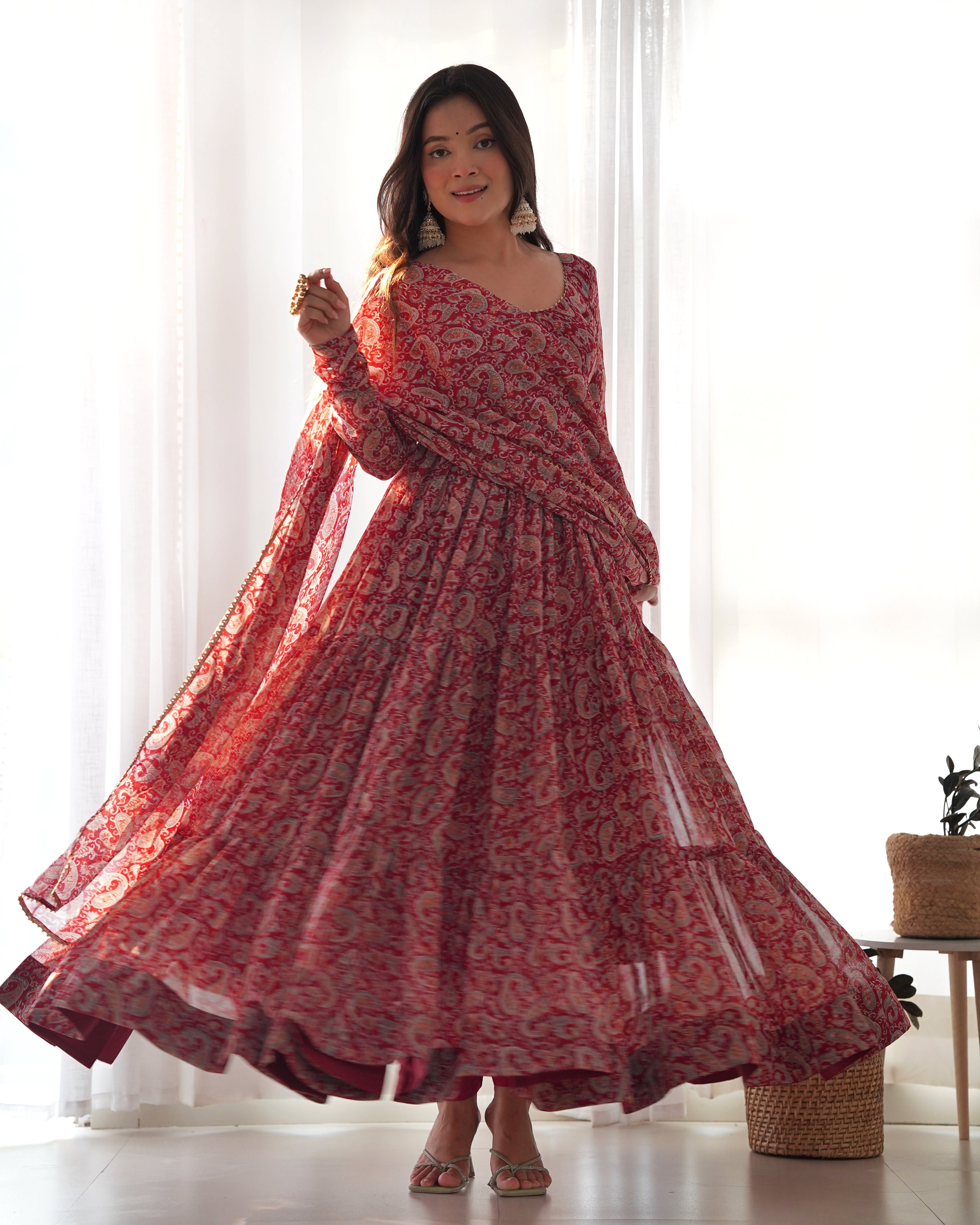Pure Soft Fox Georgette Anarkali Suit Set With Huge Flair, Dupatta & Pant