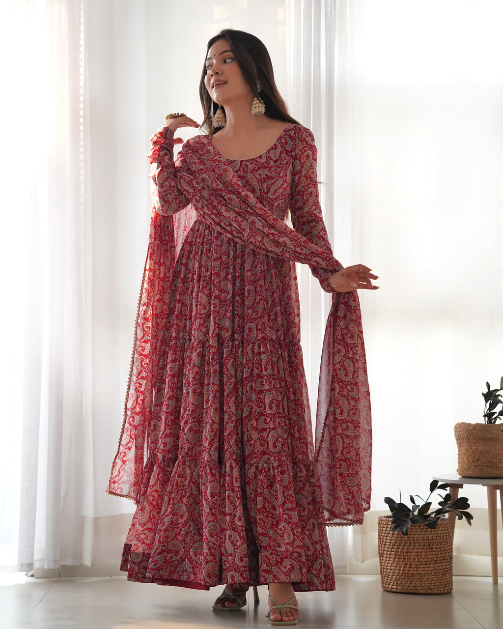 Pure Soft Fox Georgette Anarkali Suit Set With Huge Flair, Dupatta & Pant