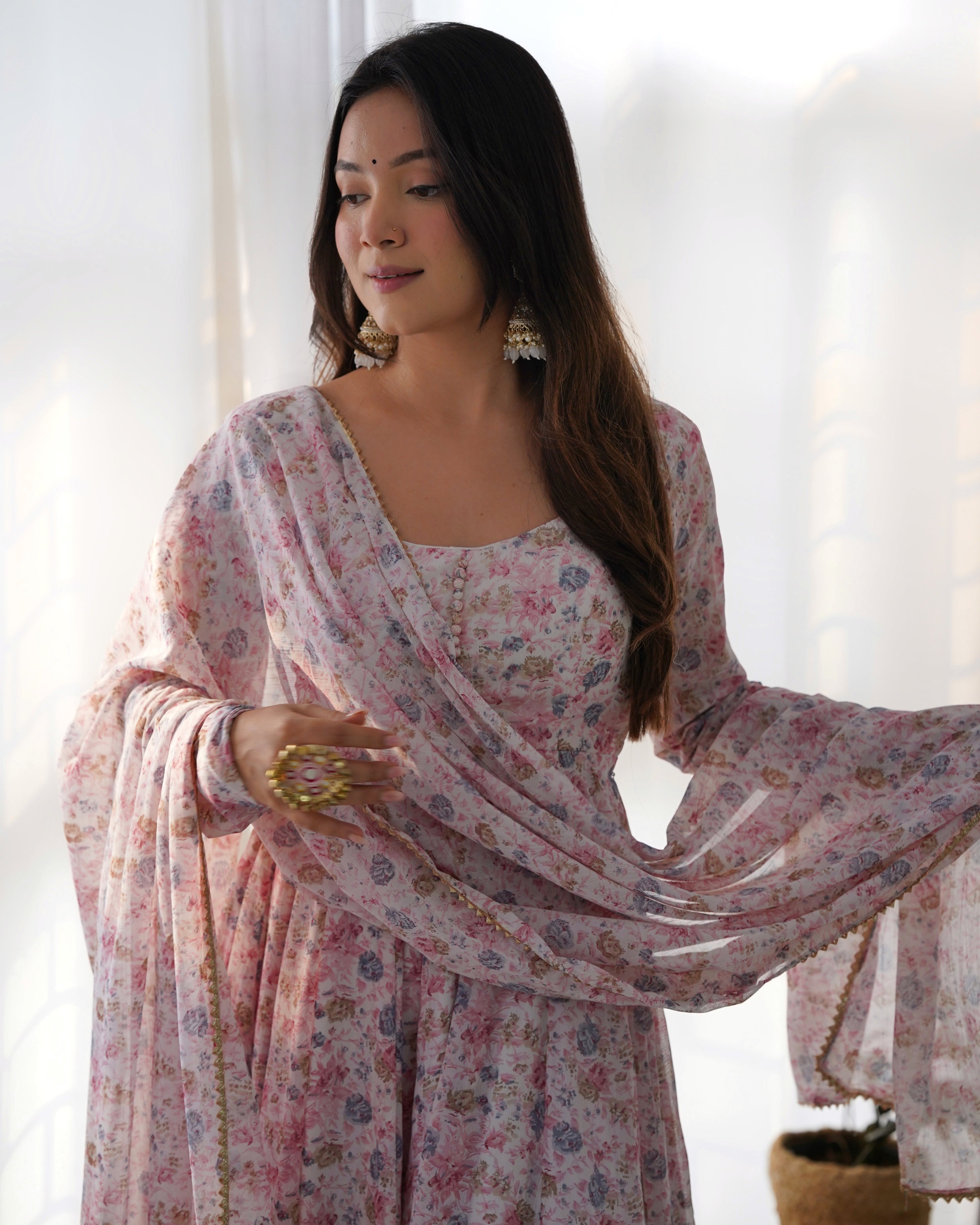 Pure Soft Orange Chiffon Floral Anarkali Suit Set With Huge Flair, Dupatta & Pant