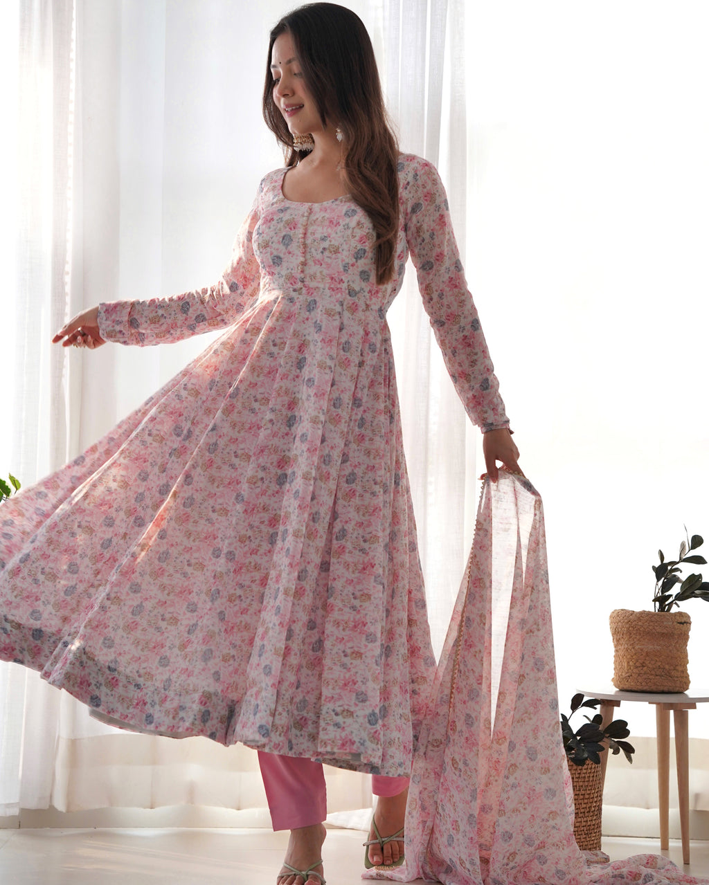 Pure Soft Orange Chiffon Floral Anarkali Suit Set With Huge Flair, Dupatta & Pant