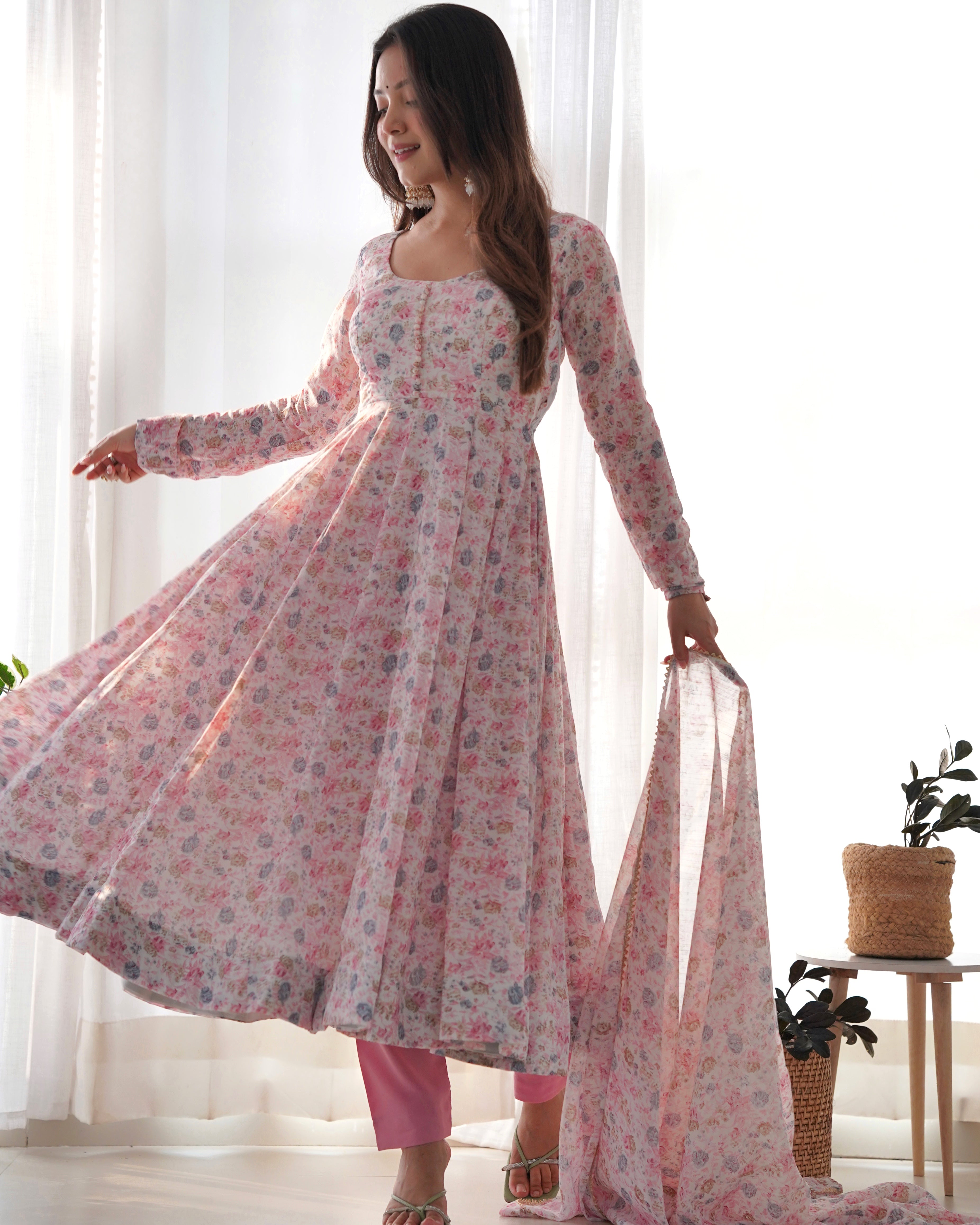 Pure Soft Orange Chiffon Floral Anarkali Suit Set With Huge Flair, Dupatta & Pant