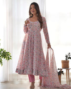 Pure Soft Orange Chiffon Floral Anarkali Suit Set With Huge Flair, Dupatta & Pant