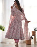 Pure Soft Orange Chiffon Floral Anarkali Suit Set With Huge Flair, Dupatta & Pant