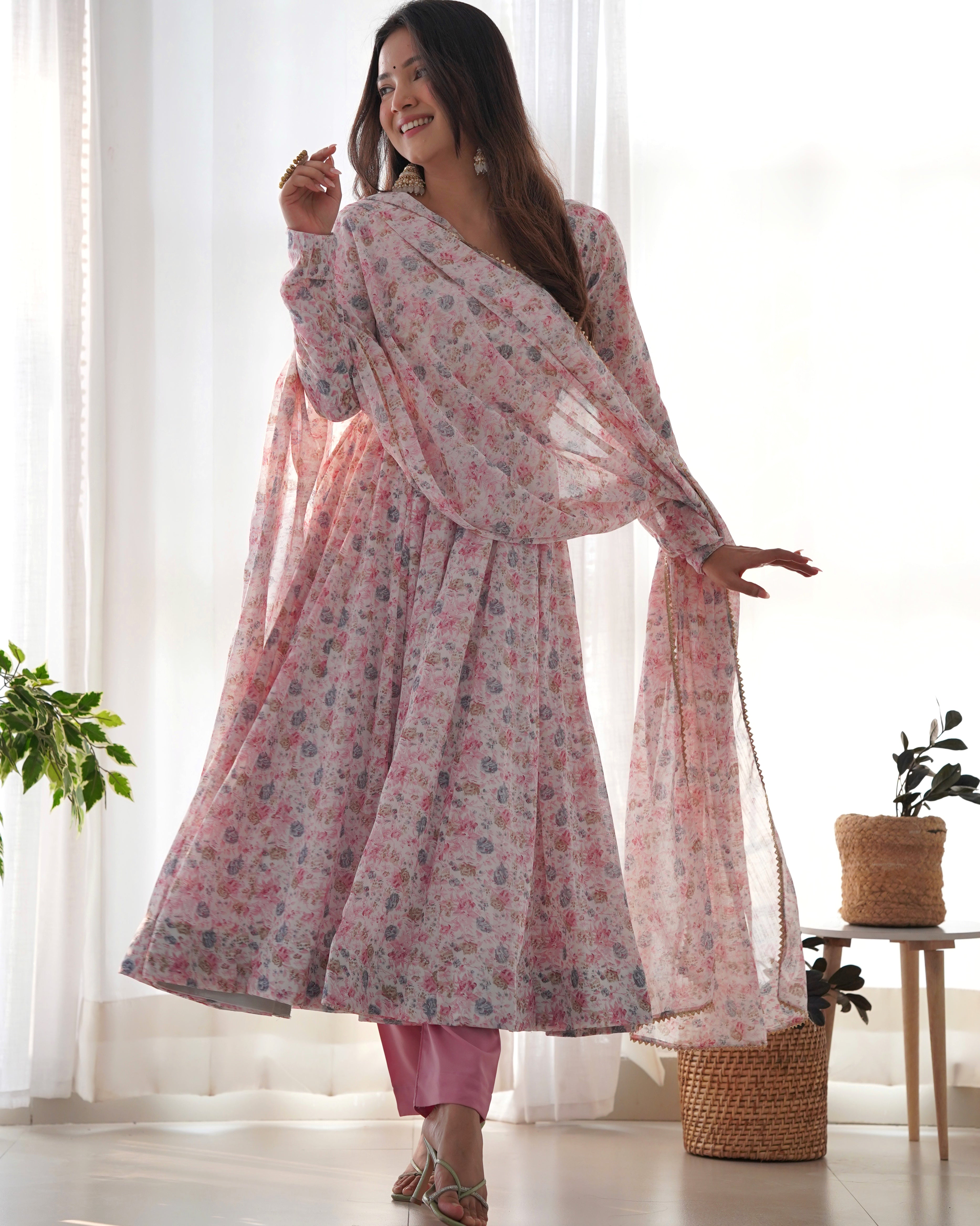 Pure Soft Orange Chiffon Floral Anarkali Suit Set With Huge Flair, Dupatta & Pant