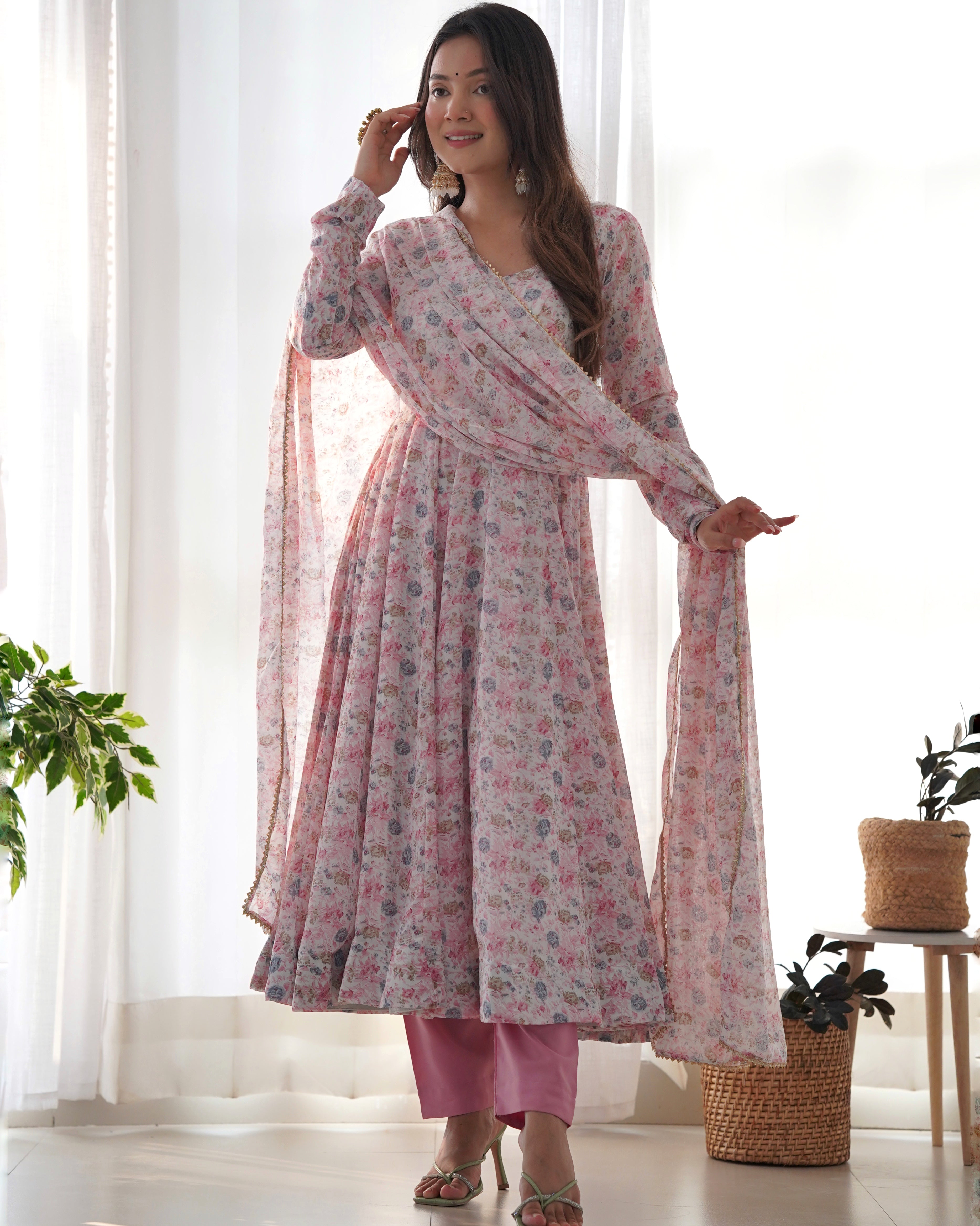 Pure Soft Orange Chiffon Floral Anarkali Suit Set With Huge Flair, Dupatta & Pant