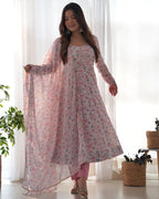 Pure Soft Orange Chiffon Floral Anarkali Suit Set With Huge Flair, Dupatta & Pant