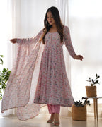Pure Soft Orange Chiffon Floral Anarkali Suit Set With Huge Flair, Dupatta & Pant