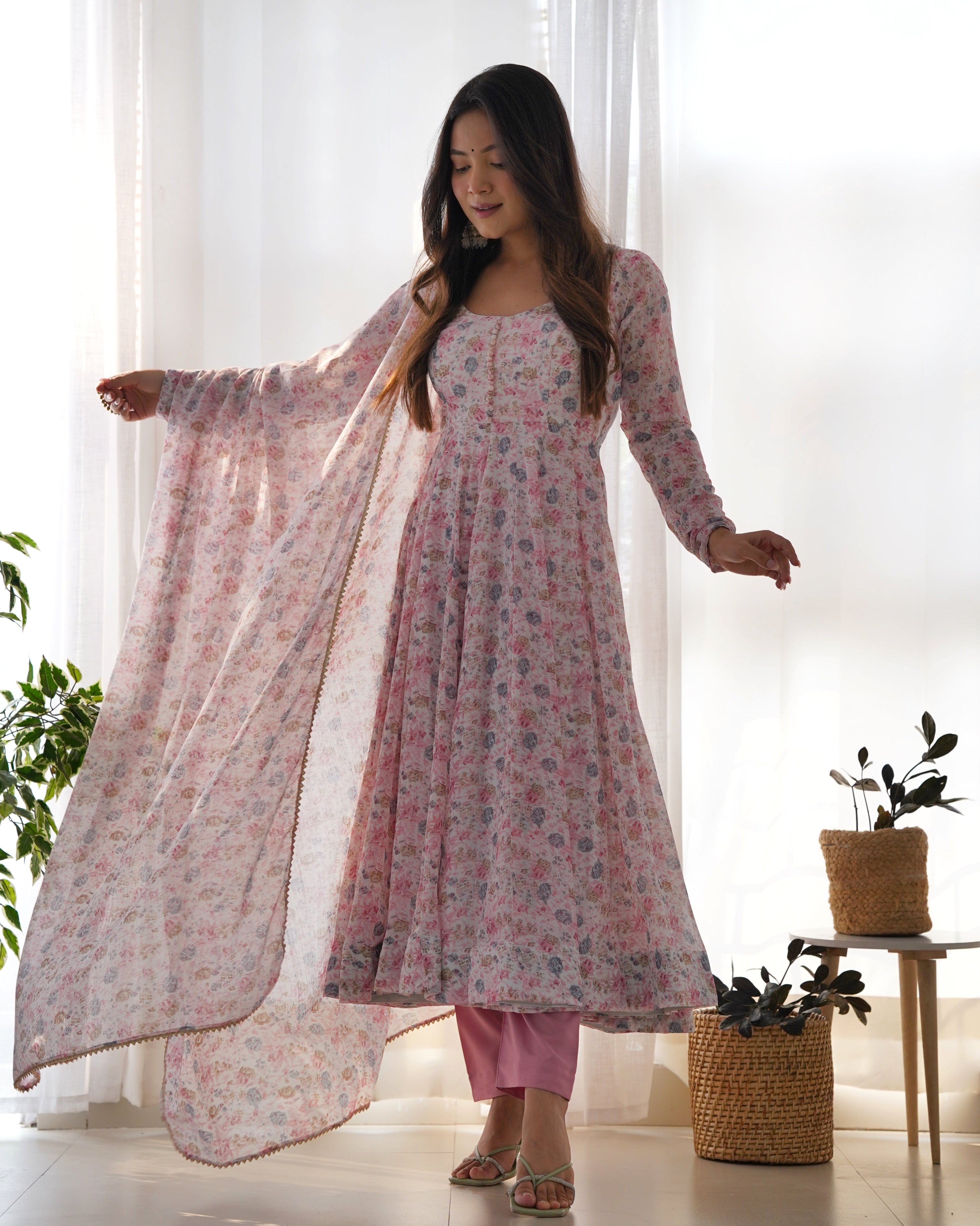 Pure Soft Orange Chiffon Floral Anarkali Suit Set With Huge Flair, Dupatta & Pant
