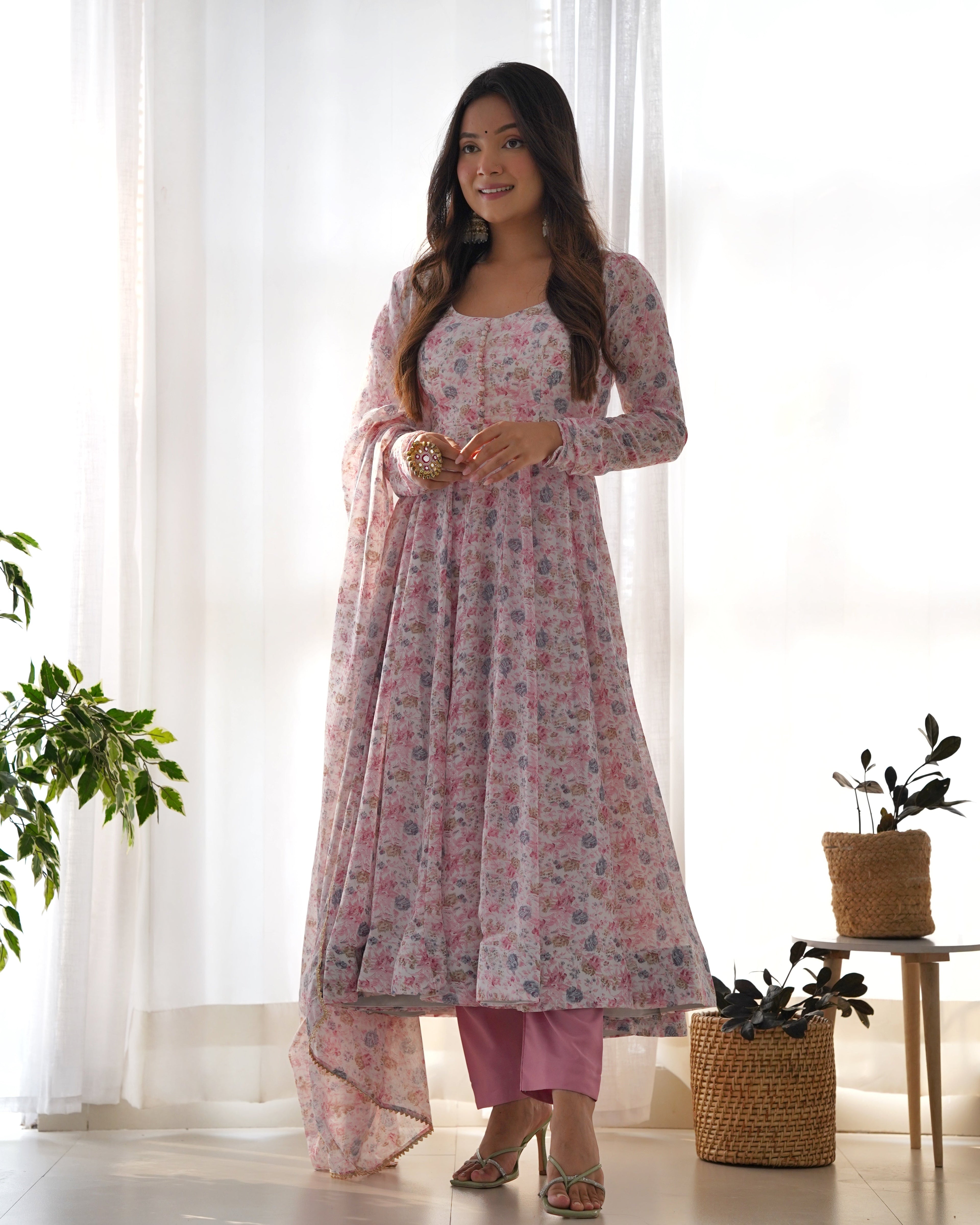 Pure Soft Orange Chiffon Floral Anarkali Suit Set With Huge Flair, Dupatta & Pant