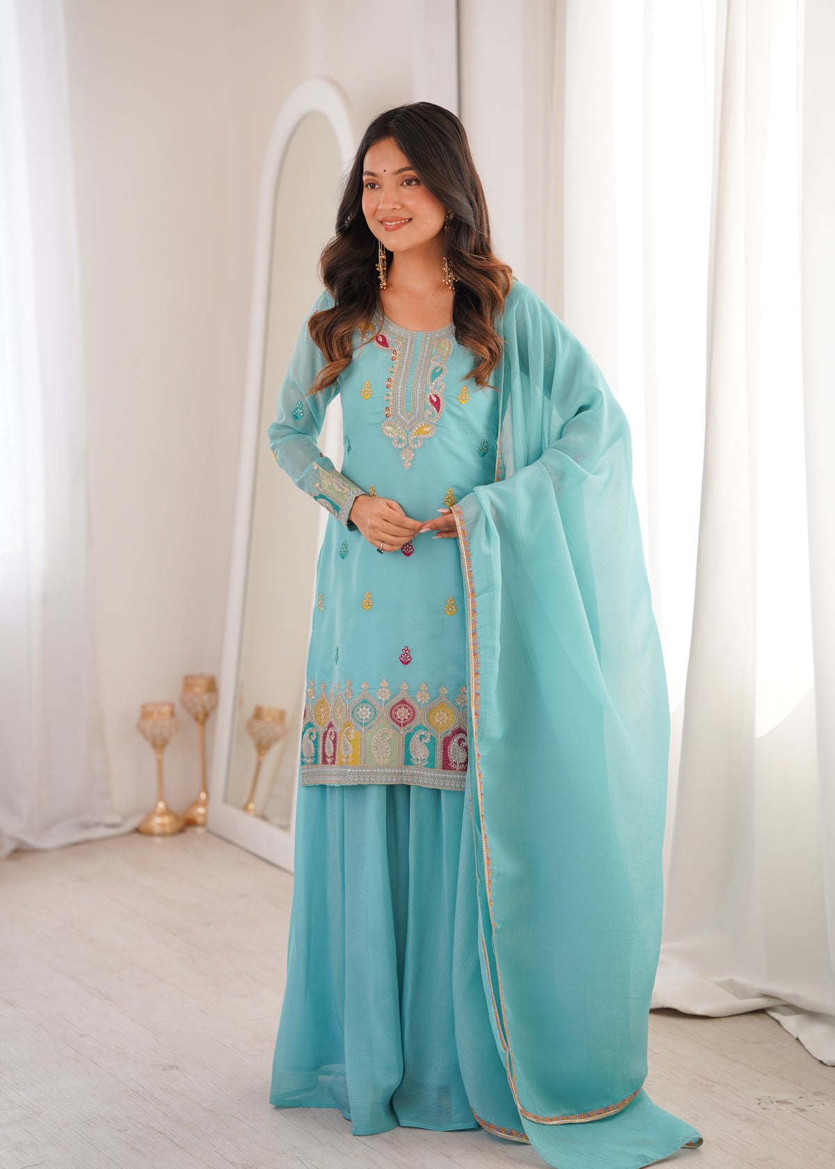 ANVERI TEXTILES Women’s Embroidered Cotton Blend Kurta Set with Dupatta | Ethnic Three Piece Suit for Festive & Party Wear