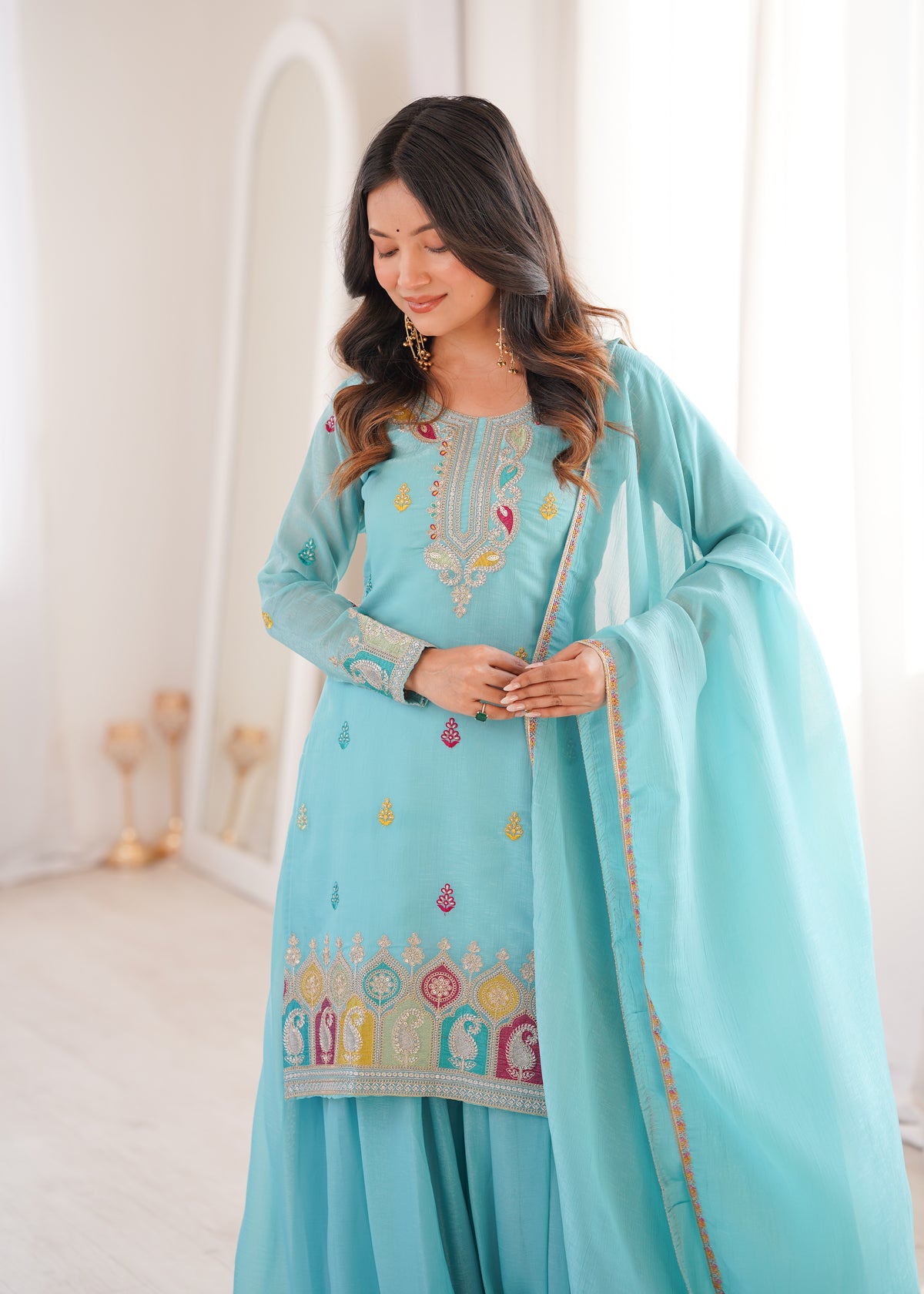 ANVERI TEXTILES Women’s Embroidered Cotton Blend Kurta Set with Dupatta | Ethnic Three Piece Suit for Festive & Party Wear