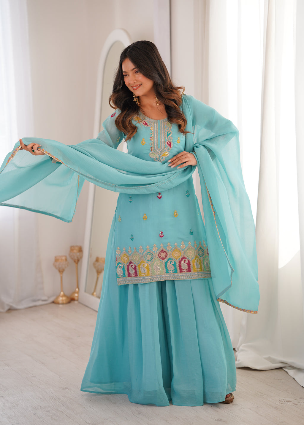 ANVERI TEXTILES Women’s Embroidered Cotton Blend Kurta Set with Dupatta | Ethnic Three Piece Suit for Festive & Party Wear