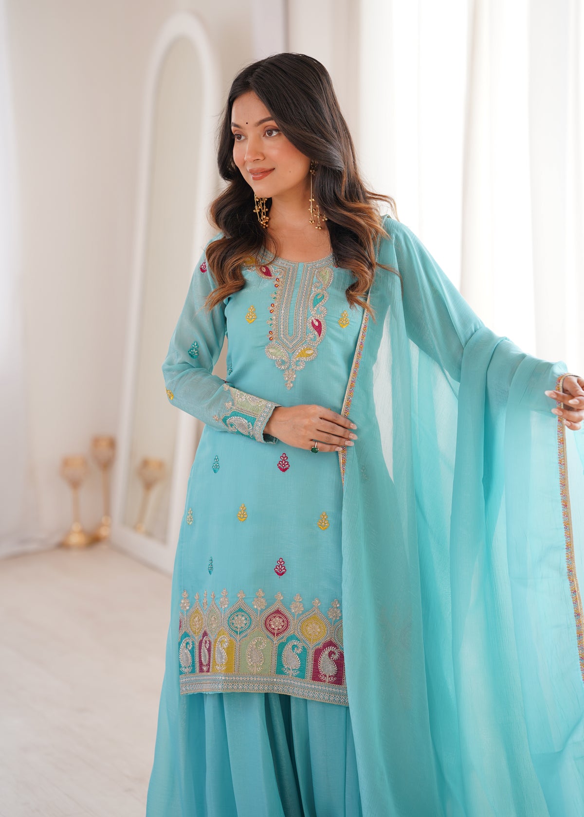 ANVERI TEXTILES Women’s Embroidered Cotton Blend Kurta Set with Dupatta | Ethnic Three Piece Suit for Festive & Party Wear