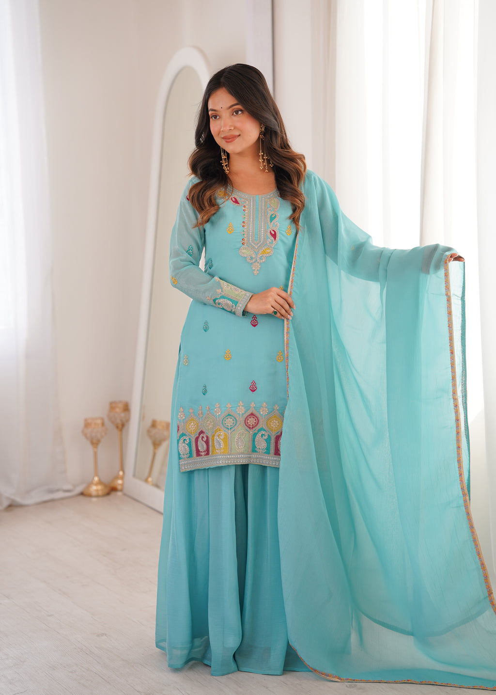 ANVERI TEXTILES Women’s Embroidered Cotton Blend Kurta Set with Dupatta | Ethnic Three Piece Suit for Festive & Party Wear