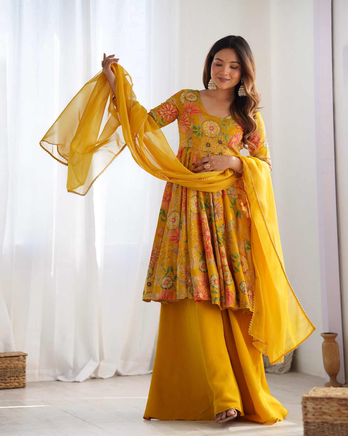 ANVERI TEXTILES Women’s Yellow Floral Printed Anarkali Kurta Palazzo Set with Dupatta | Flared Ethnic Suit Set for Festive, Wedding & Party Wear