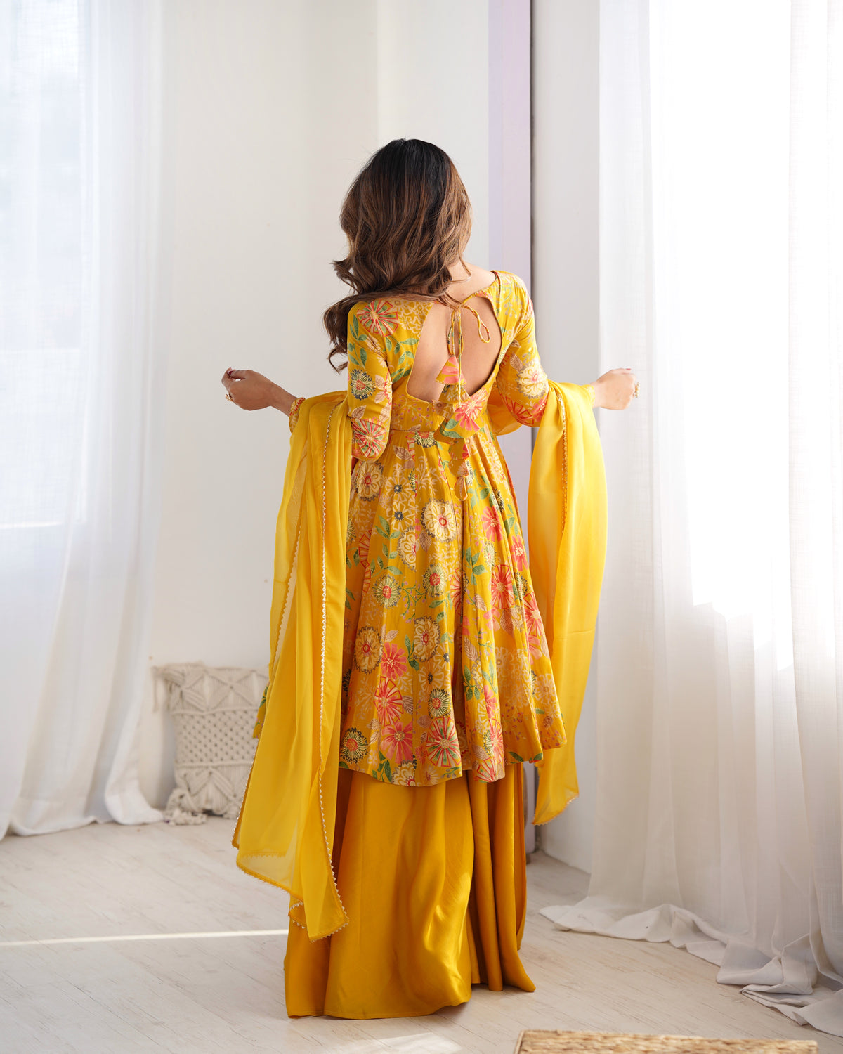 ANVERI TEXTILES Women’s Yellow Floral Printed Anarkali Kurta Palazzo Set with Dupatta | Flared Ethnic Suit Set for Festive, Wedding & Party Wear