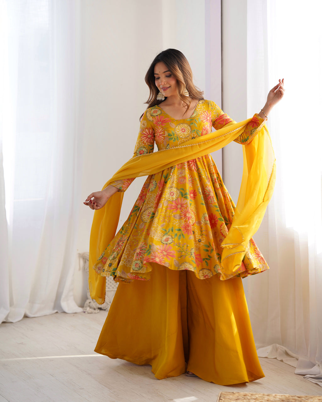 ANVERI TEXTILES Women’s Yellow Floral Printed Anarkali Kurta Palazzo Set with Dupatta | Flared Ethnic Suit Set for Festive, Wedding & Party Wear