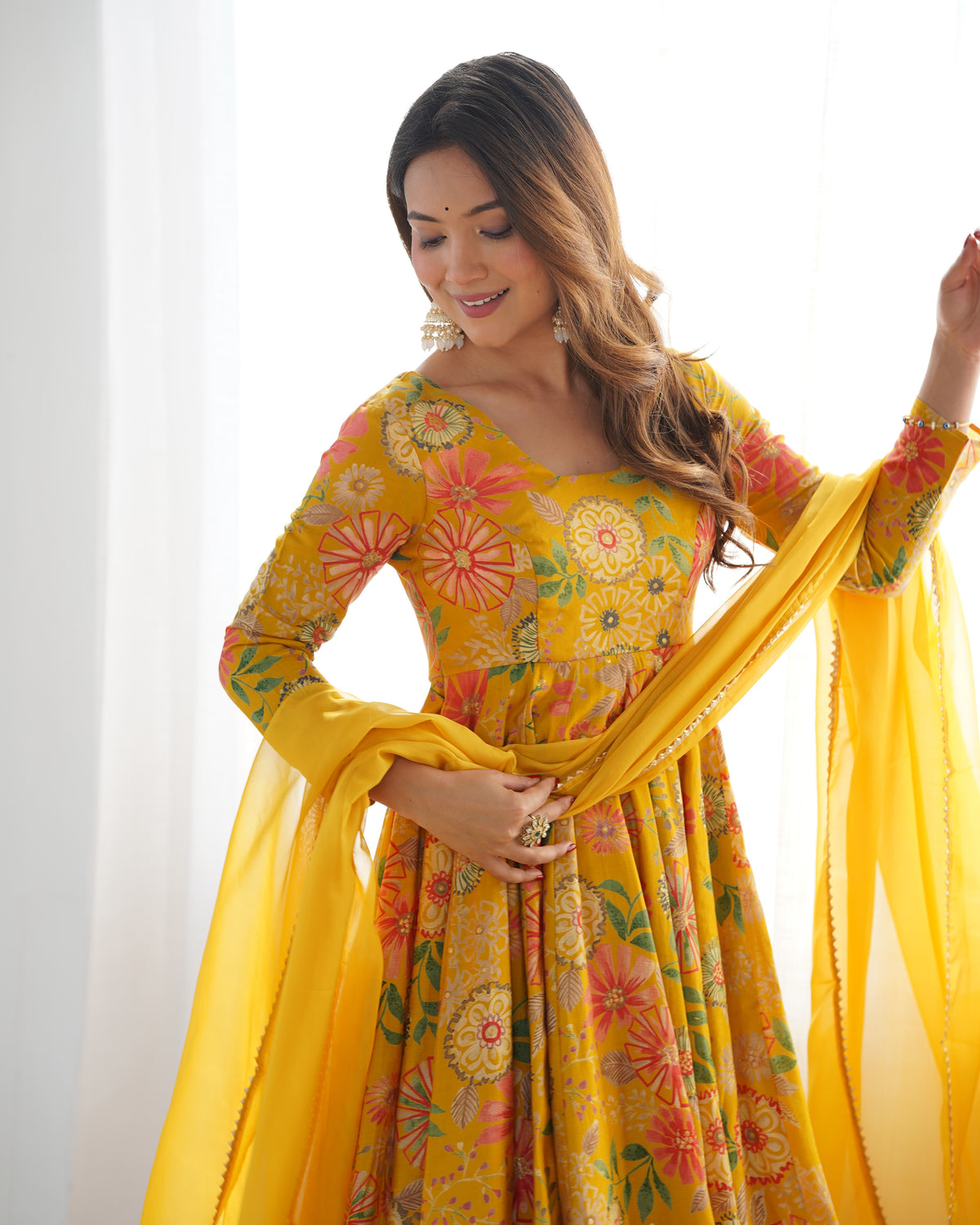 ANVERI TEXTILES Women’s Yellow Floral Printed Anarkali Kurta Palazzo Set with Dupatta | Flared Ethnic Suit Set for Festive, Wedding & Party Wear