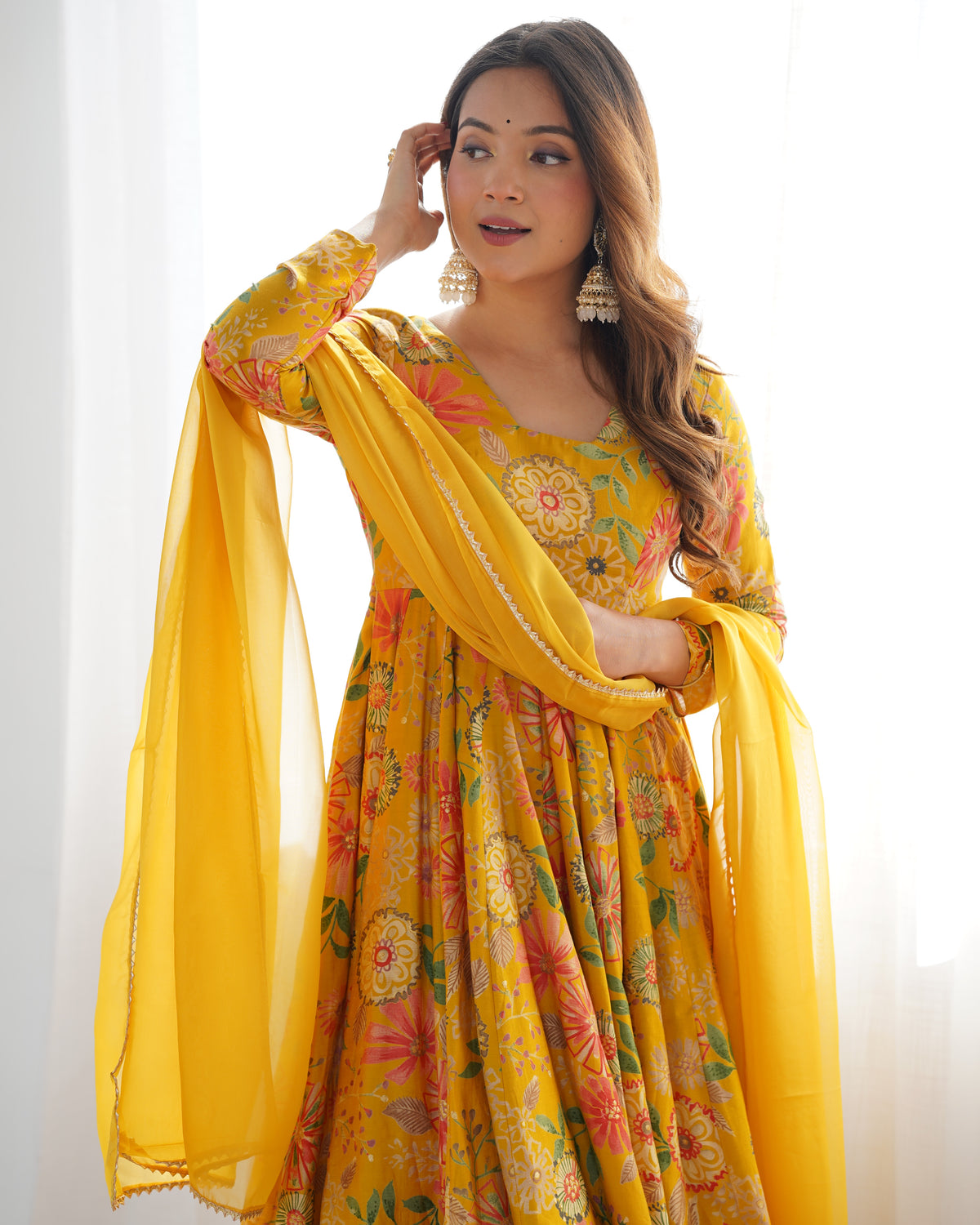 ANVERI TEXTILES Women’s Yellow Floral Printed Anarkali Kurta Palazzo Set with Dupatta | Flared Ethnic Suit Set for Festive, Wedding & Party Wear