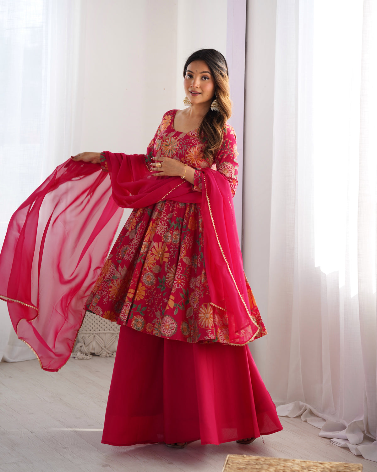 ANVERI TEXTILES Women’s Floral Printed Anarkali Kurta Palazzo Set with Dupatta | Elegant Ethnic Festive Wear Set for Wedding, Diwali & Party
