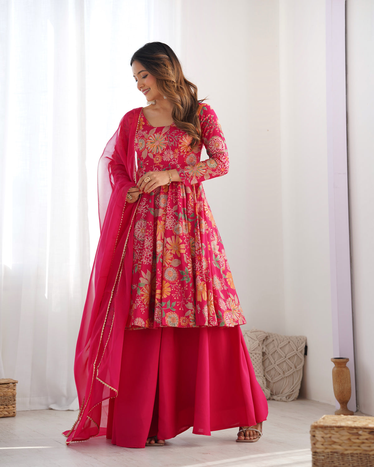 ANVERI TEXTILES Women’s Floral Printed Anarkali Kurta Palazzo Set with Dupatta | Elegant Ethnic Festive Wear Set for Wedding, Diwali & Party