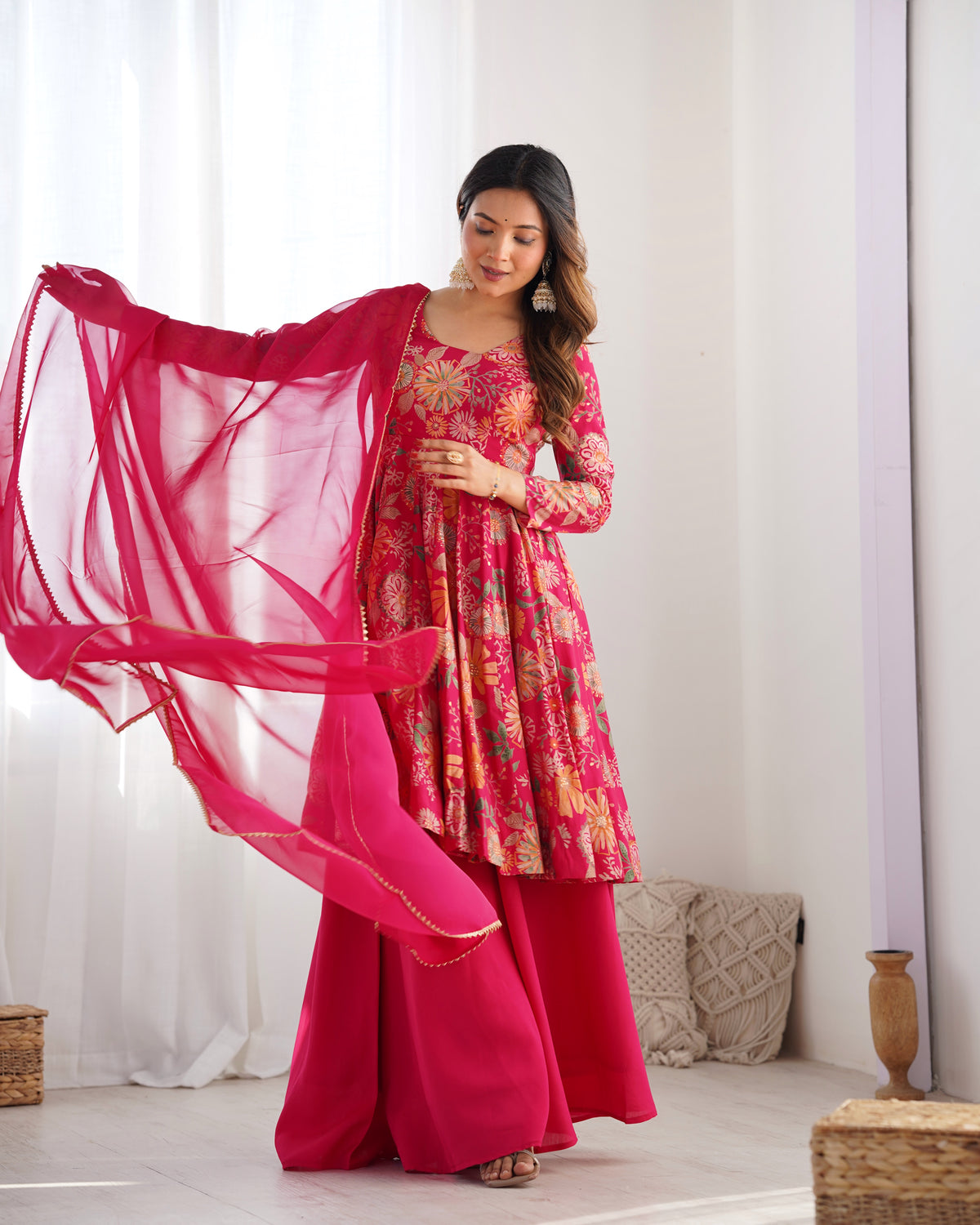ANVERI TEXTILES Women’s Floral Printed Anarkali Kurta Palazzo Set with Dupatta | Elegant Ethnic Festive Wear Set for Wedding, Diwali & Party