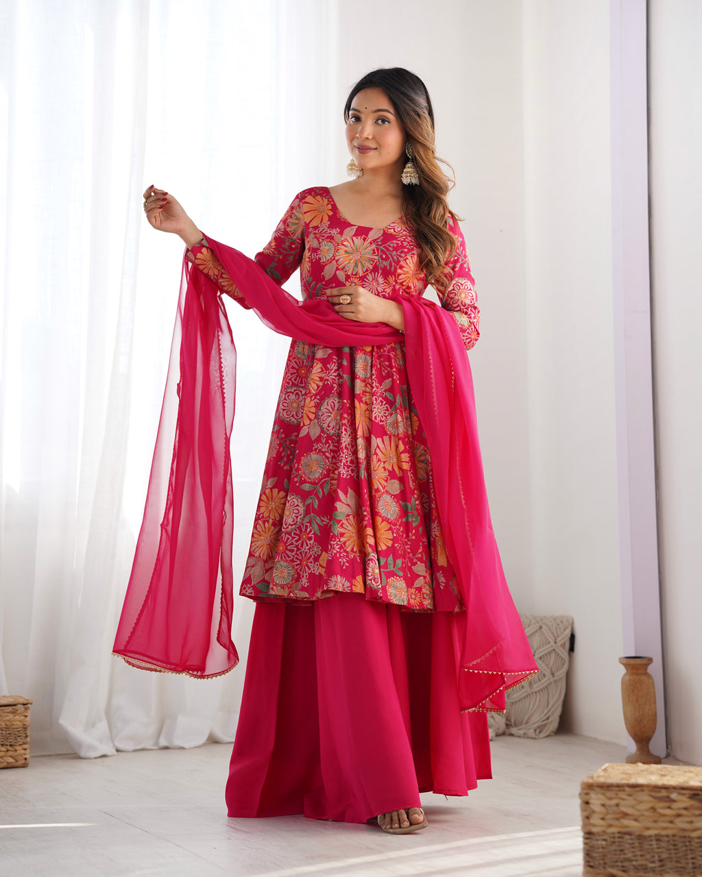 Women’s Floral Printed Anarkali Kurta Set with Palazzo & Dupatta | Elegant Ethnic Wear for Festive, Wedding & Party Occasions