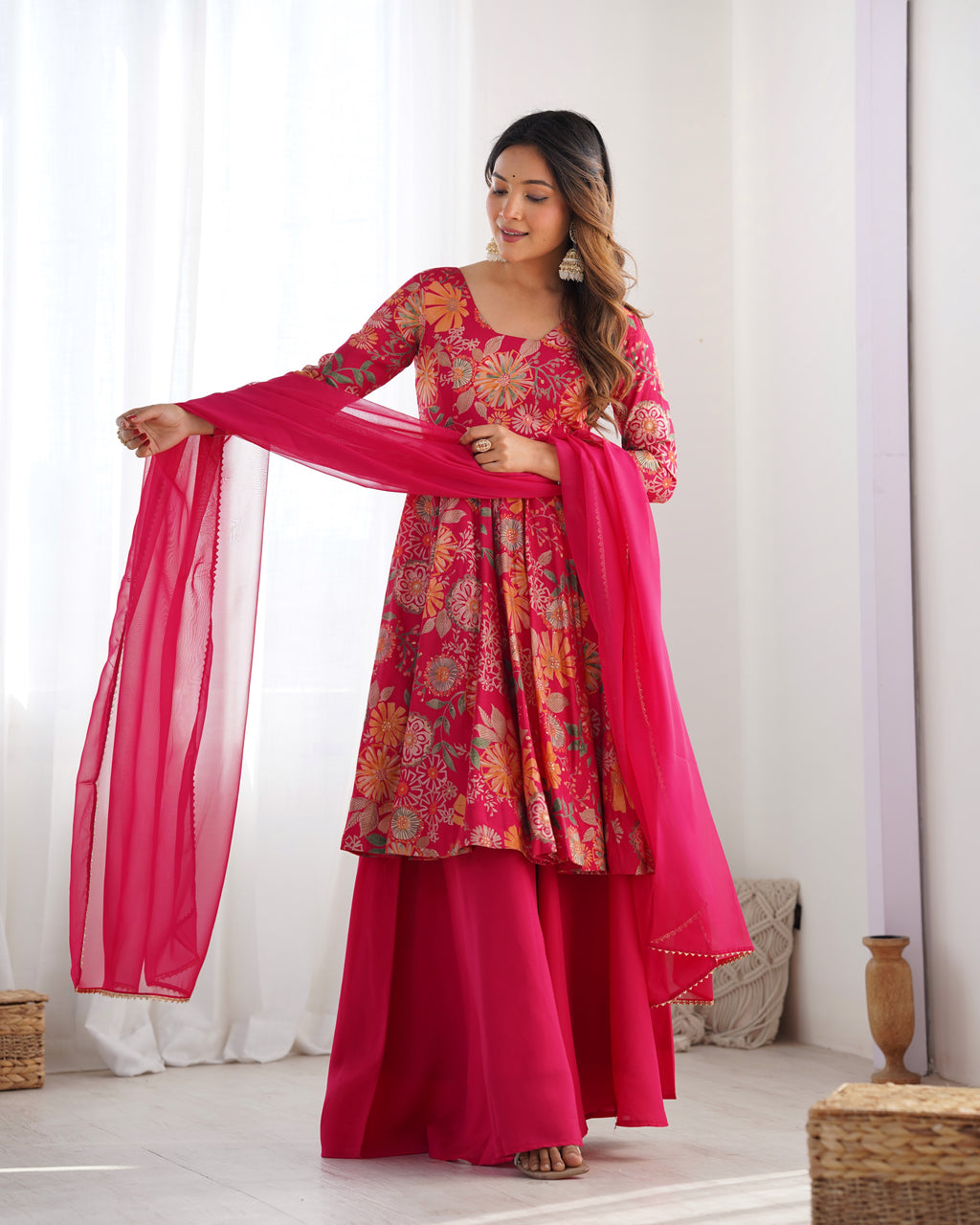 Women’s Floral Printed Anarkali Kurta Set with Palazzo & Dupatta | Elegant Ethnic Wear for Festive, Wedding & Party Occasions